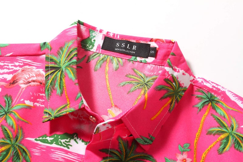 SSLR Mens Hawaiian Shirt Flamingos Casual Short Sleeve Button Down Shirts Aloha Shirt (Medium, Rose Red) - Image 3